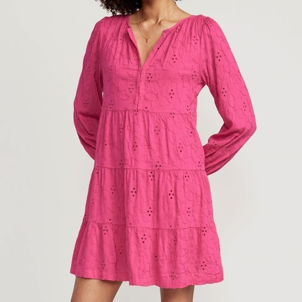 NWT Old Navy Pink Puff-Sleeve Embroidered Tiered Midi Swing Dress​​​
